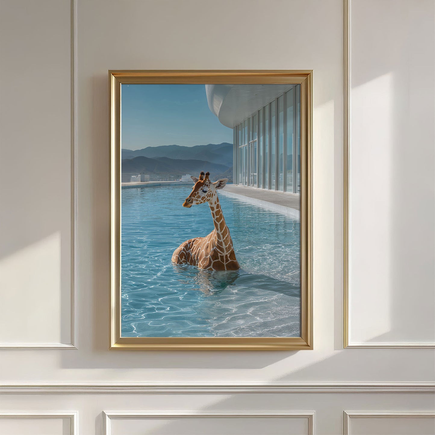 Giraffe In Infinity Pool, Vertical, Wall Art