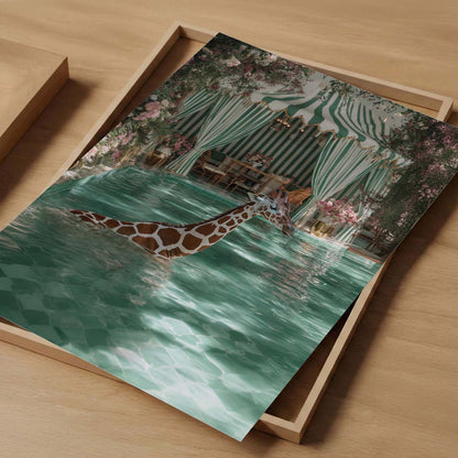 Giraffe Pool Time, Vertical, Art Print