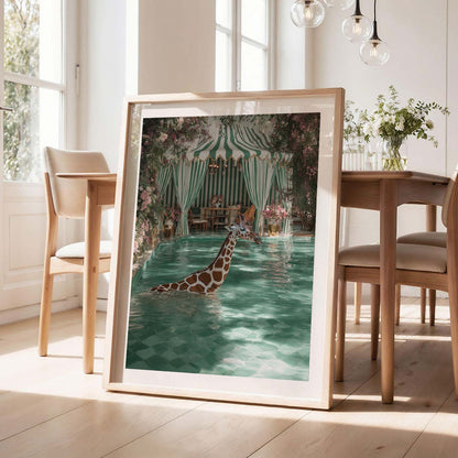 Giraffe Pool Time, Vertical, Framed Art