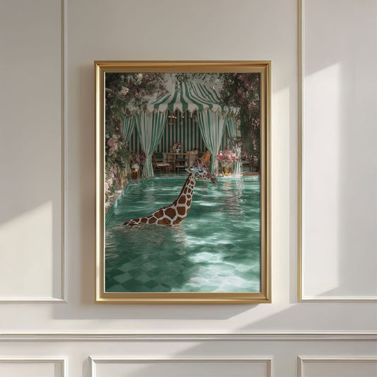 Giraffe Pool Time, Vertical, Wall Art