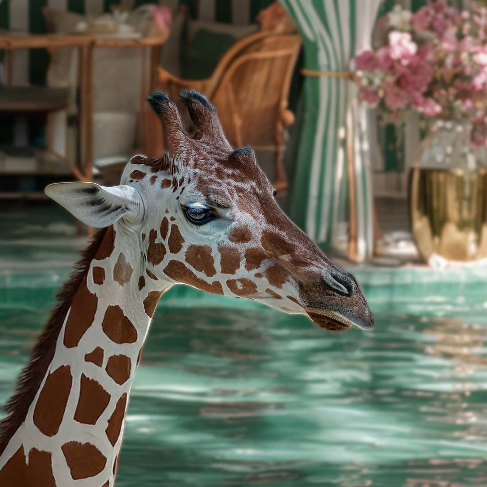 Extreme Close Up Detail Of Giraffe Pool Time