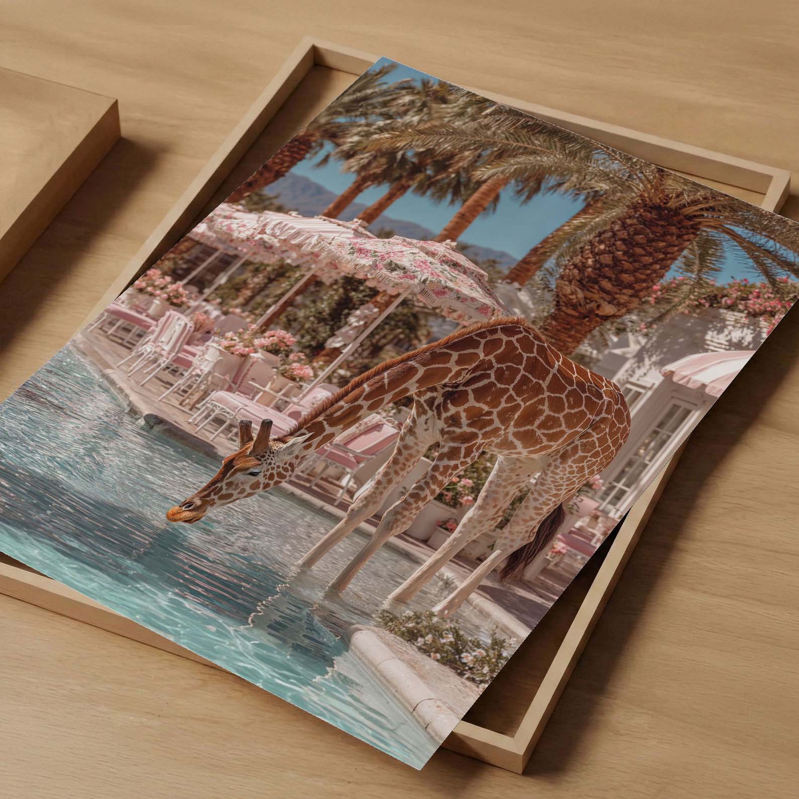 Giraffe Poolside Drinks, Vertical, Art Print