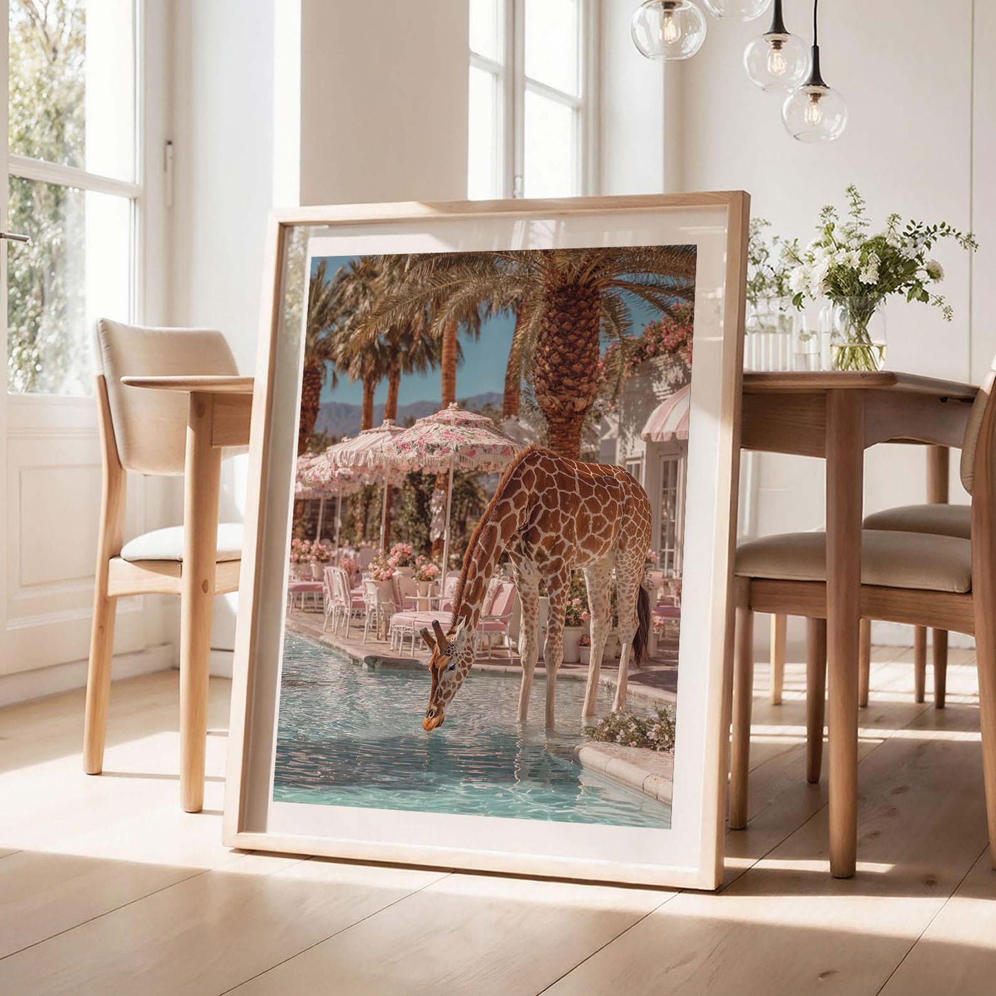 Giraffe Poolside Drinks, Vertical, Framed Art