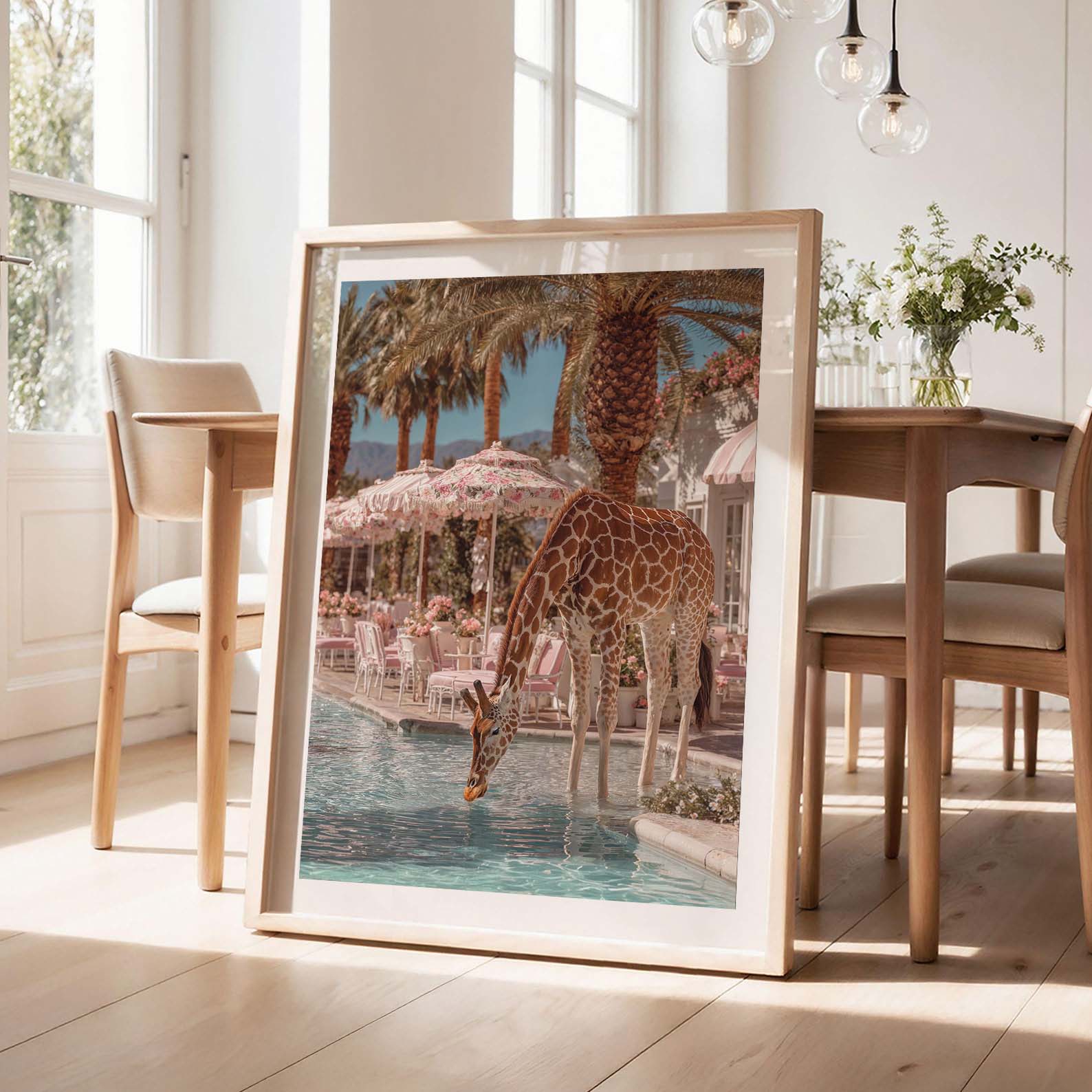 Giraffe Poolside Drinks, Vertical, Framed Art