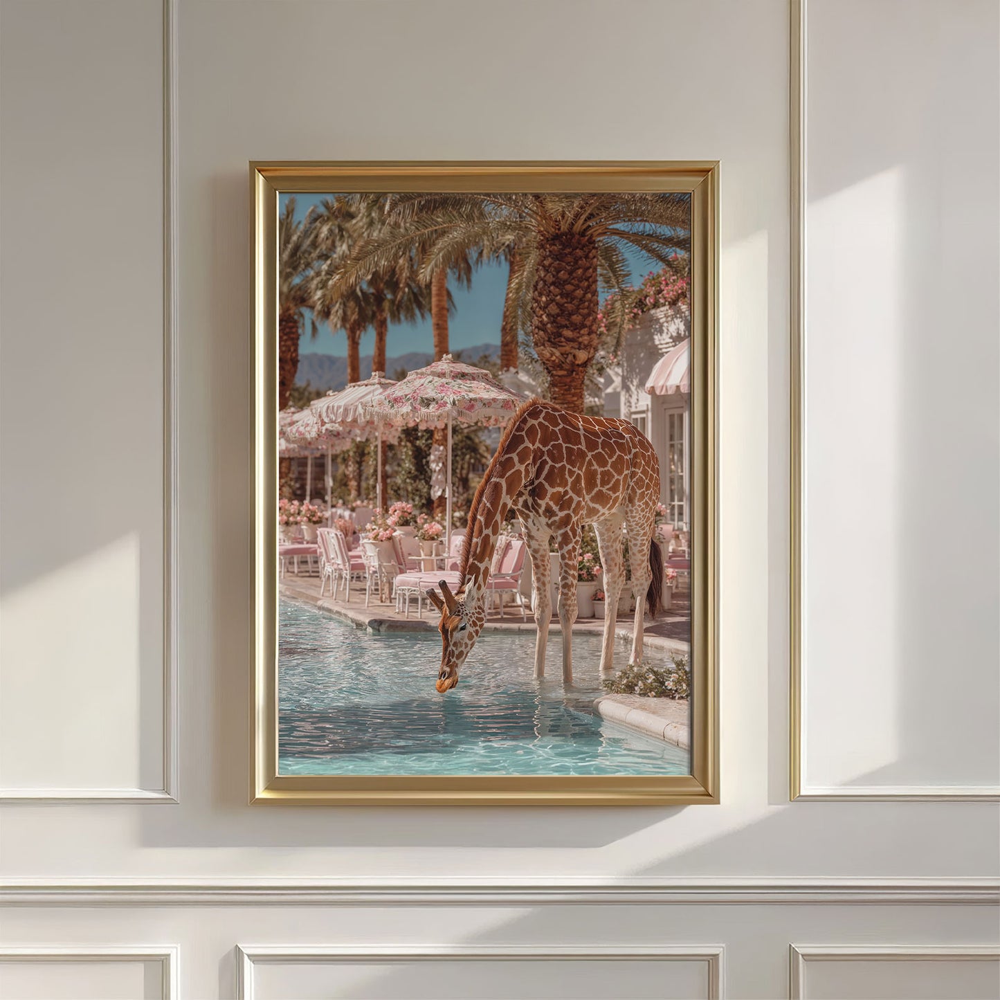 Giraffe Poolside Drinks, Vertical, Wall Art