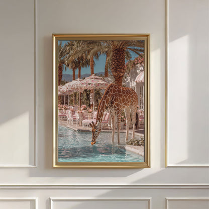 Giraffe Poolside Drinks, Vertical, Wall Art