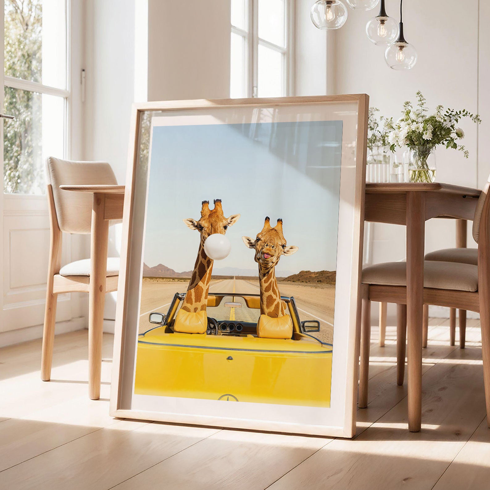 Giraffes Road Trip, Vertical, Framed Art