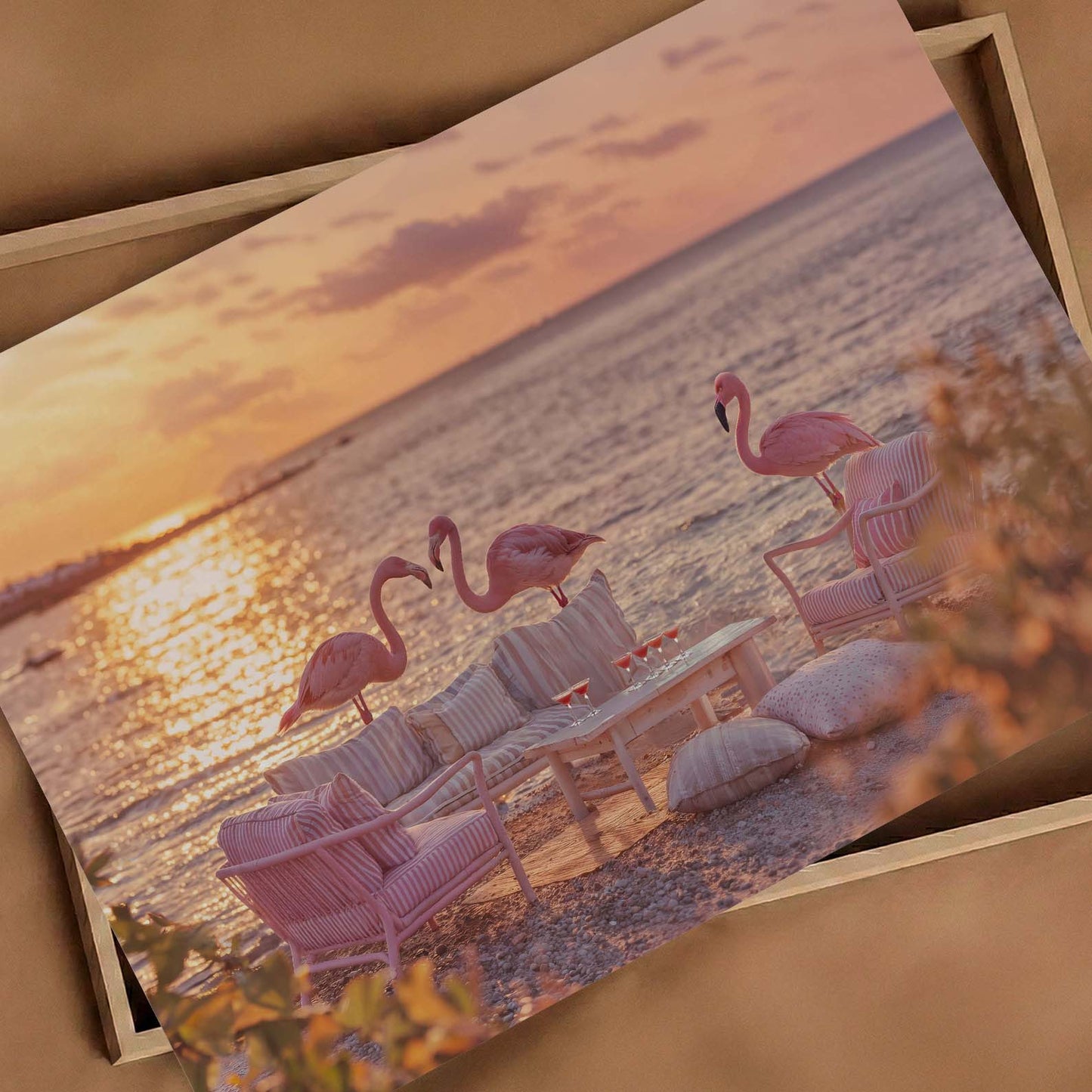 Golden Hour Flamingos, Horizontal, Art Print