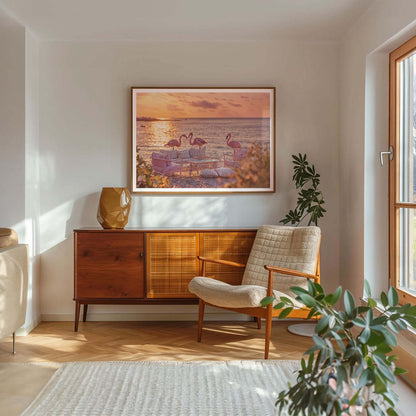 Golden Hour Flamingos, Horizontal, Framed Art