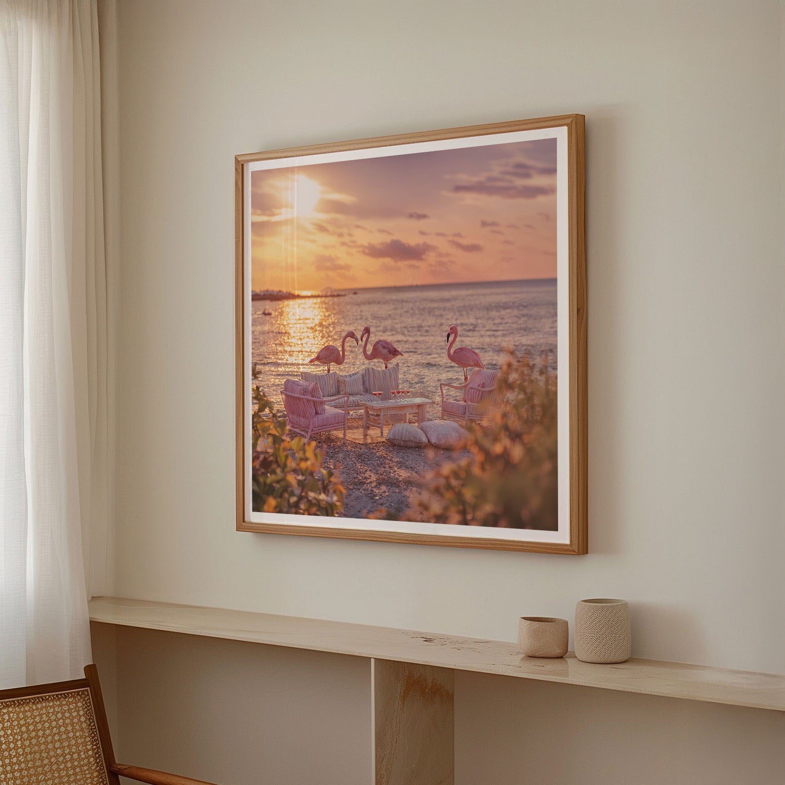Golden Hour Flamingos, Square, Framed Art
