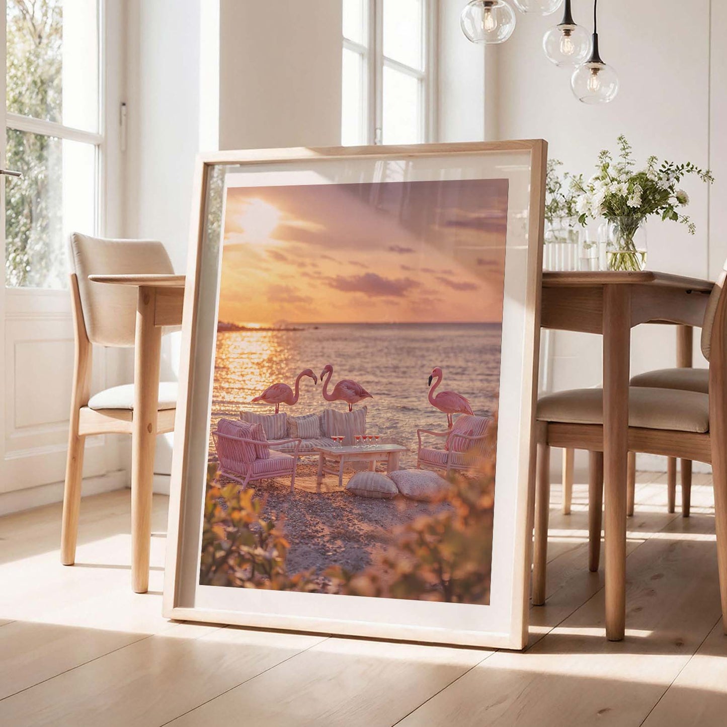 Golden Hour Flamingos, Vertical, Framed Art