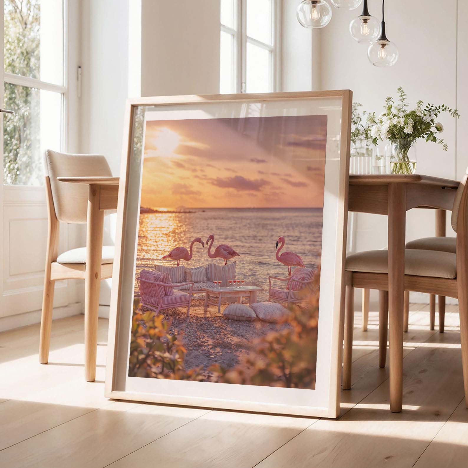 Golden Hour Flamingos, Vertical, Framed Art