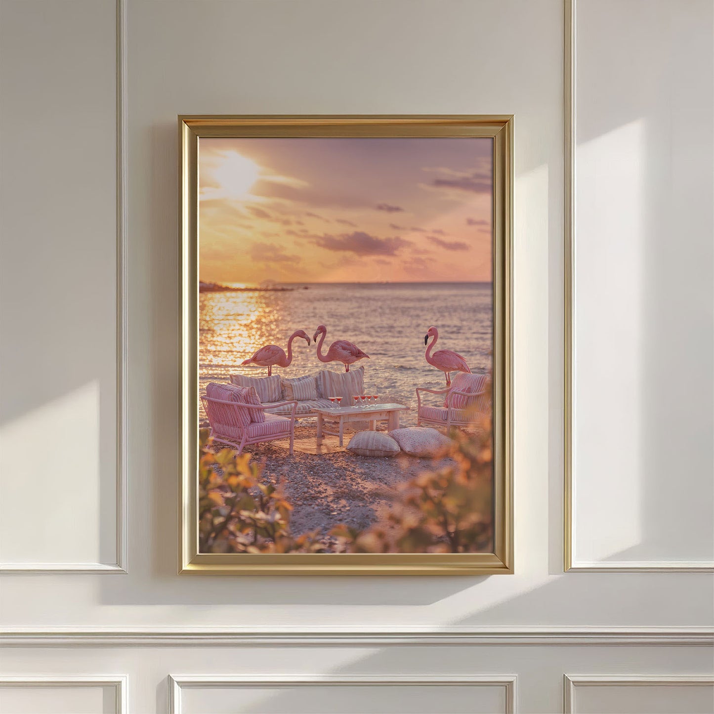 Golden Hour Flamingos, Vertical, Wall Art