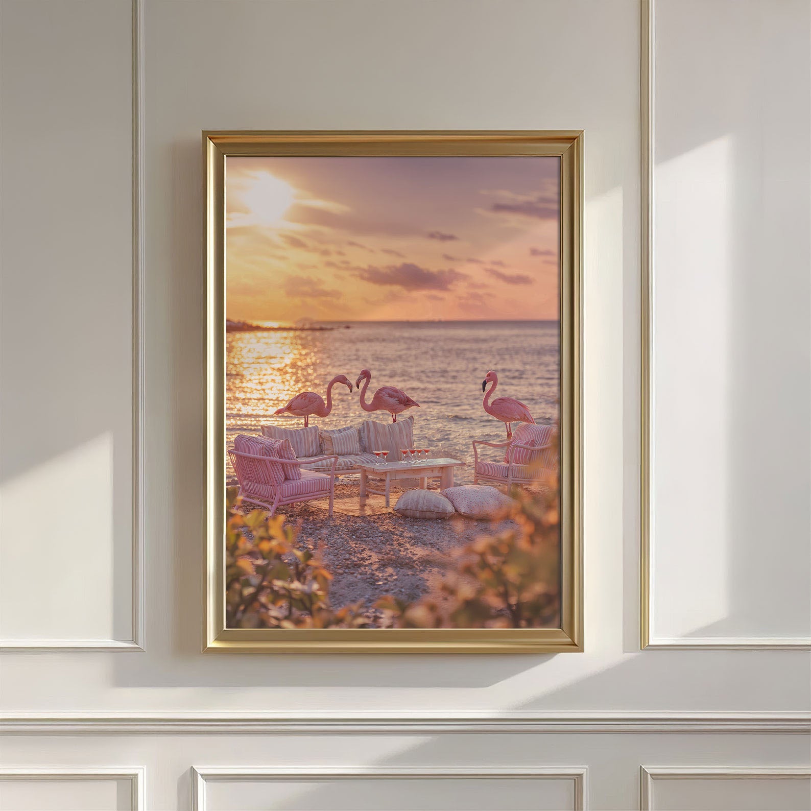 Golden Hour Flamingos, Vertical, Wall Art