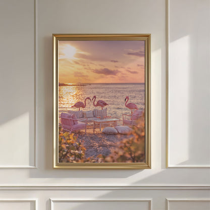 Golden Hour Flamingos, Vertical, Wall Art