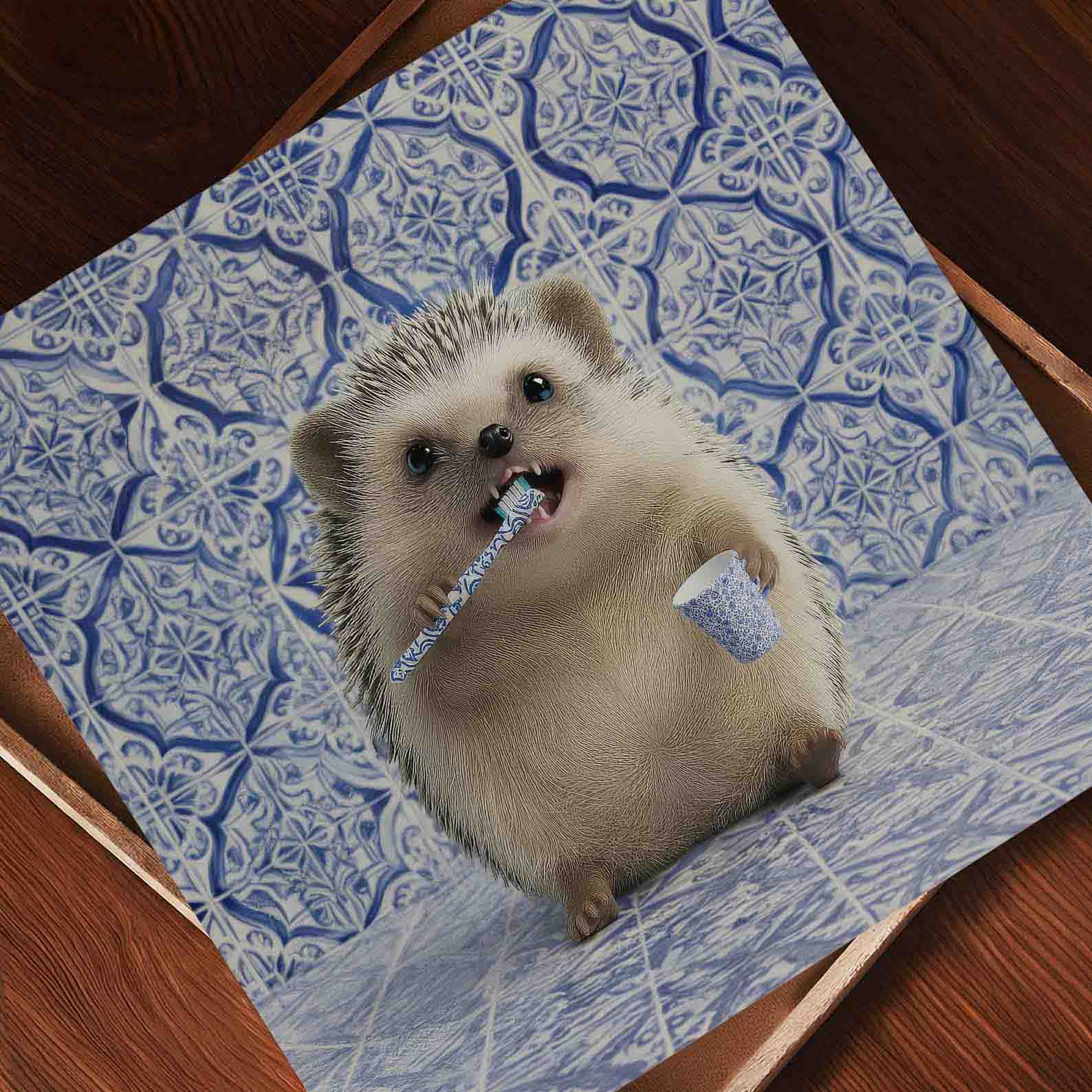 Hedgehog Morning Routine, Square, Art Print