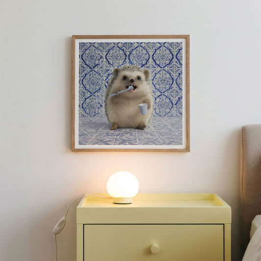 Hedgehog Morning Routine, Square, Framed Art