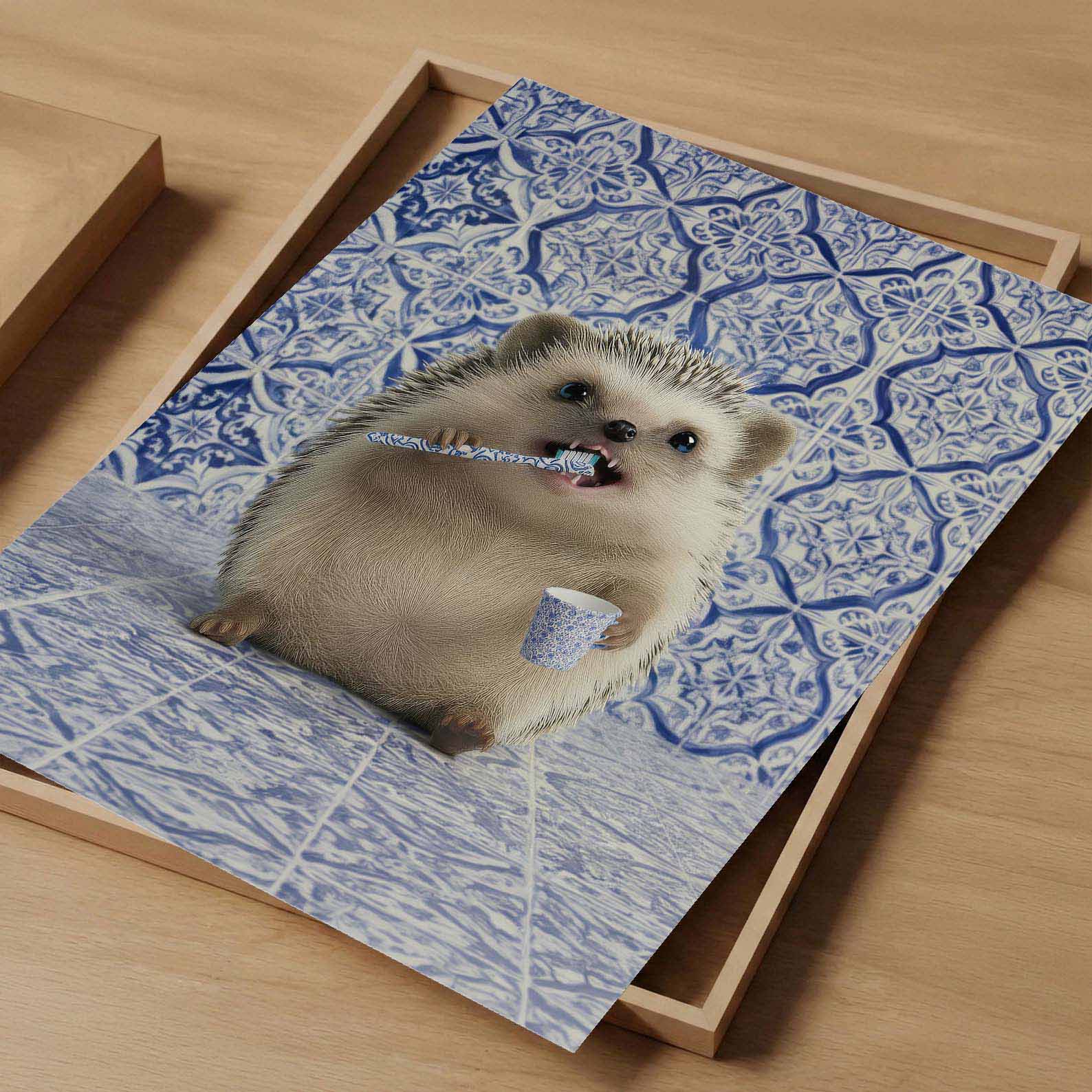 Hedgehog Morning Routine, Vertical, Art Print