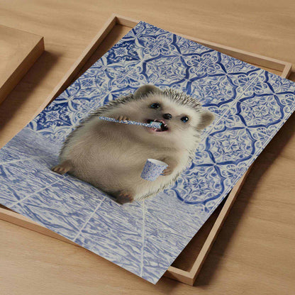 Hedgehog Morning Routine, Vertical, Art Print