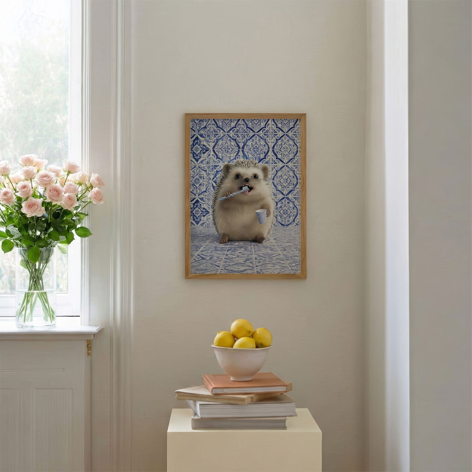 Hedgehog Morning Routine, Vertical, Framed Art