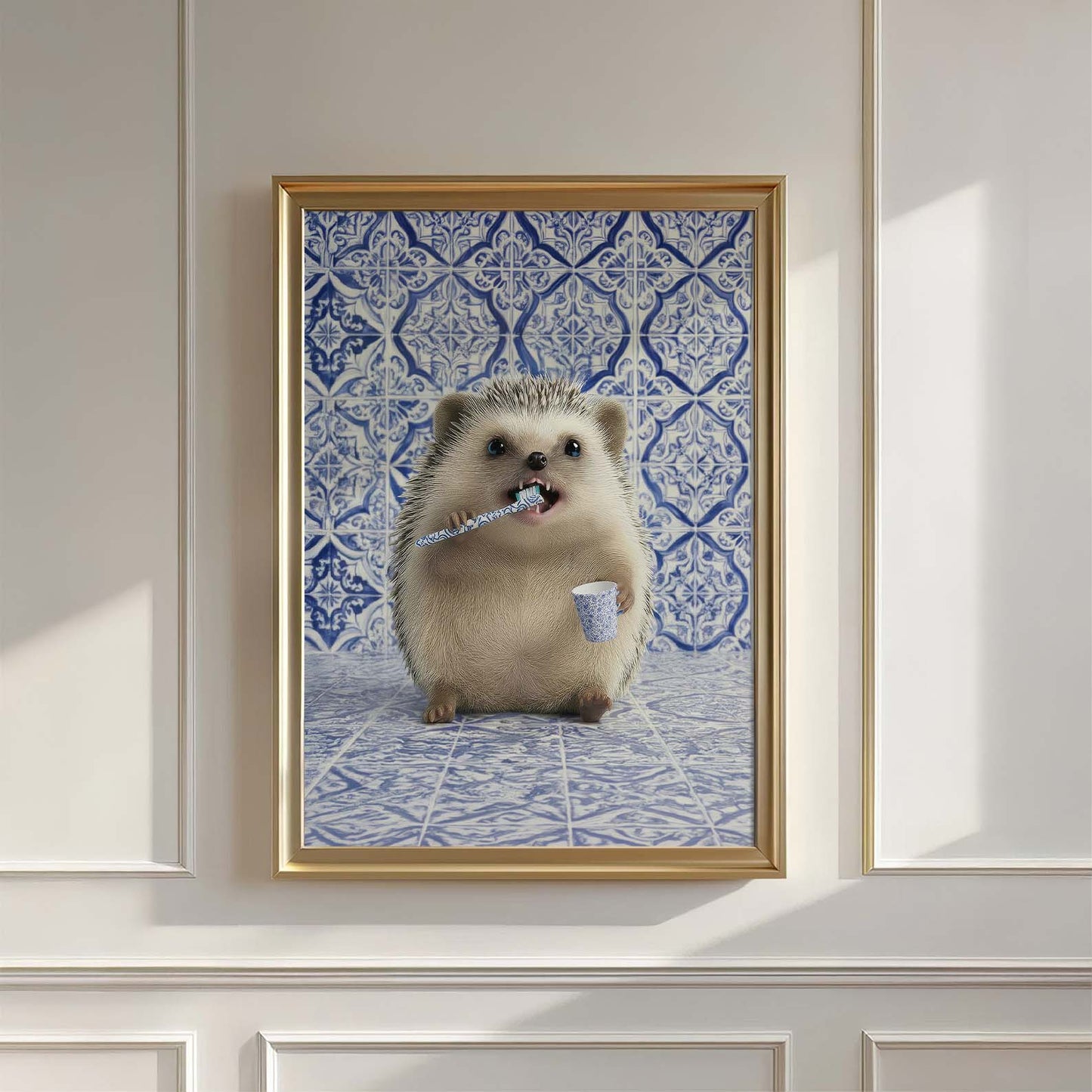 Hedgehog Morning Routine, Vertical, Wall Art