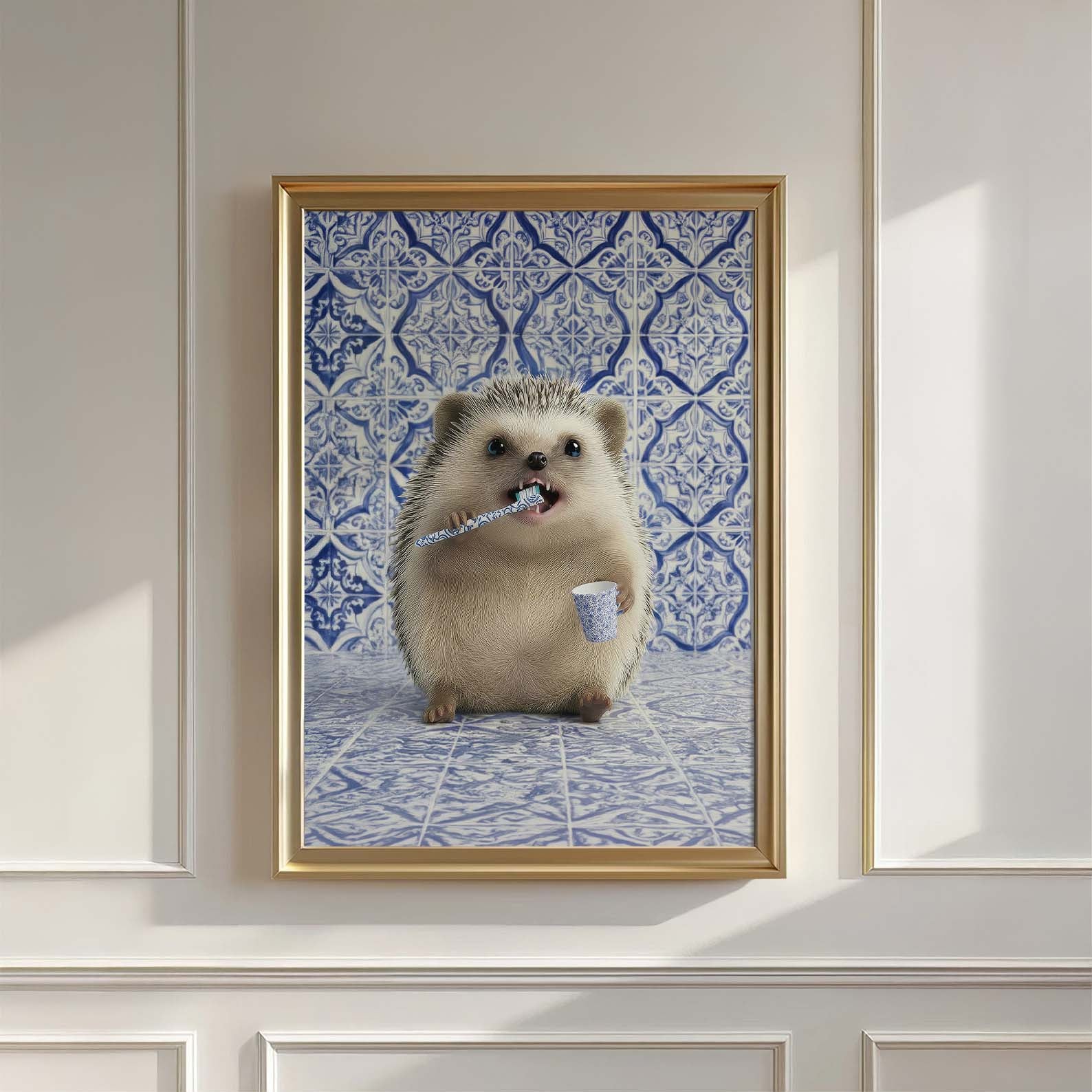 Hedgehog Morning Routine, Vertical, Wall Art