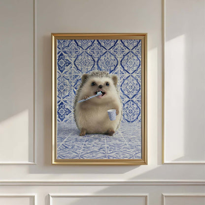 Hedgehog Morning Routine, Vertical, Wall Art