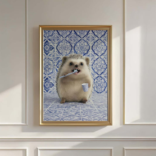 Hedgehog Morning Routine, Vertical, Wall Art