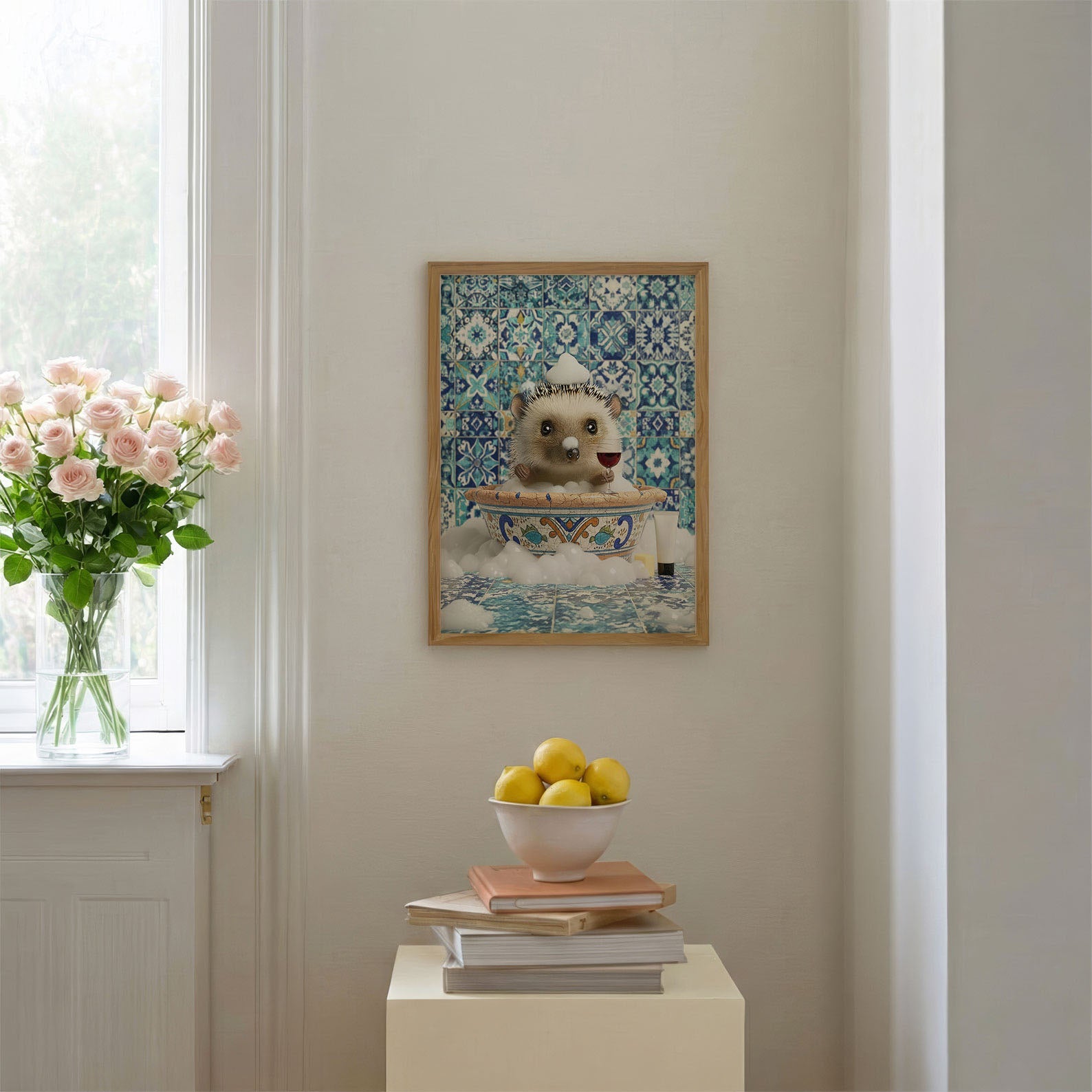 Hedgehog In Bathtub, Vertical, Framed Art