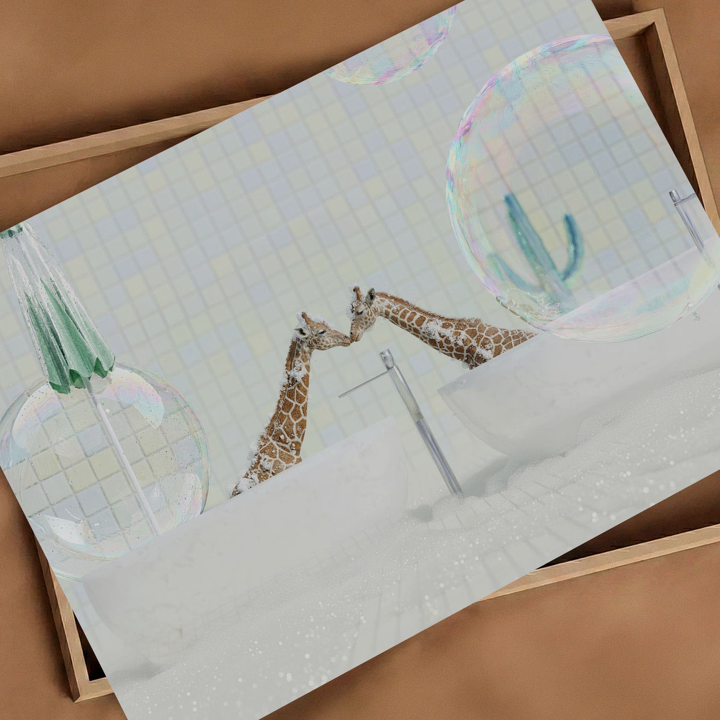Kissing Giraffes In Bathtub, Horizontal, Art Print