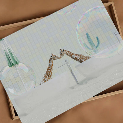 Kissing Giraffes In Bathtub, Horizontal, Art Print