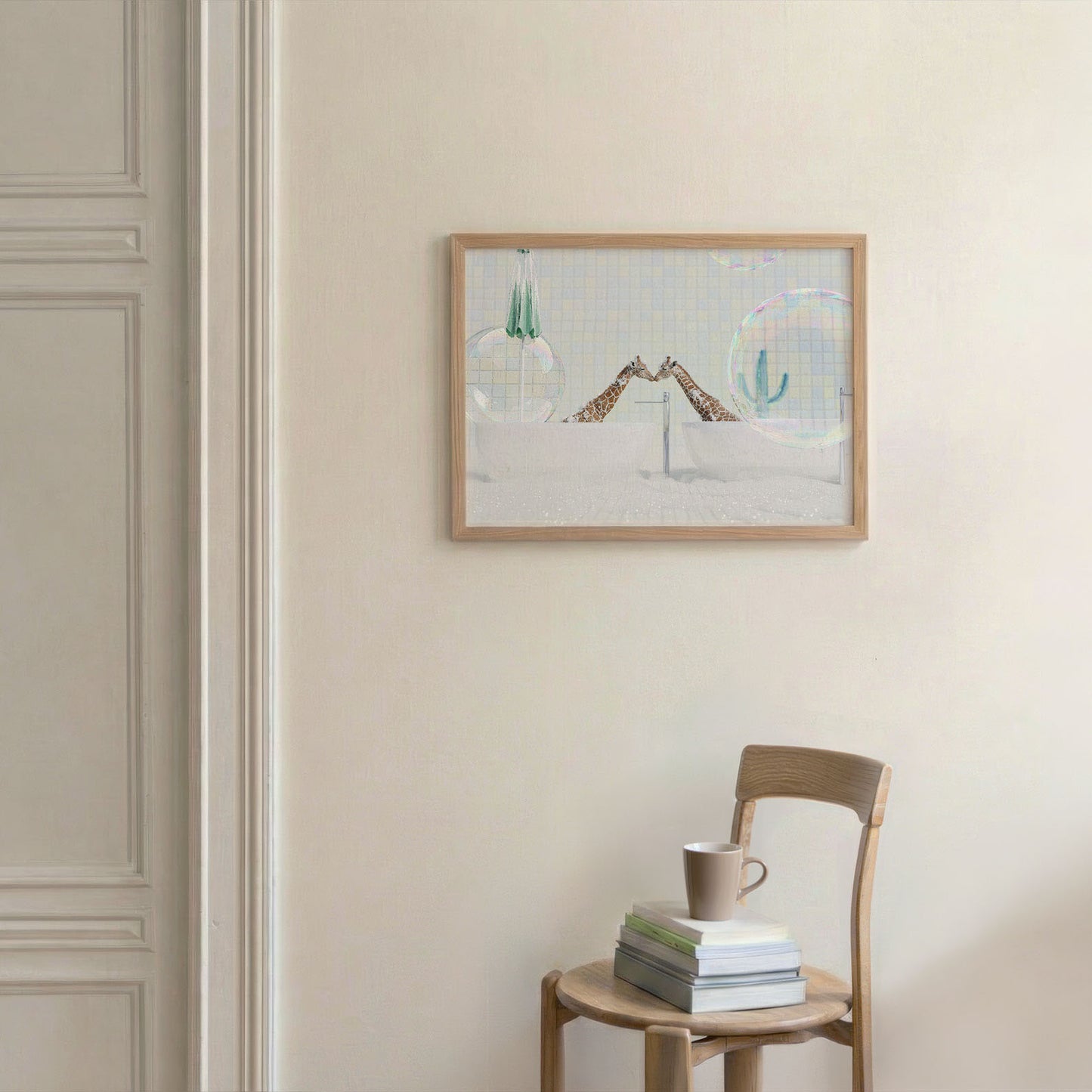 Kissing Giraffes In Bathtub, Horizontal, Framed Art