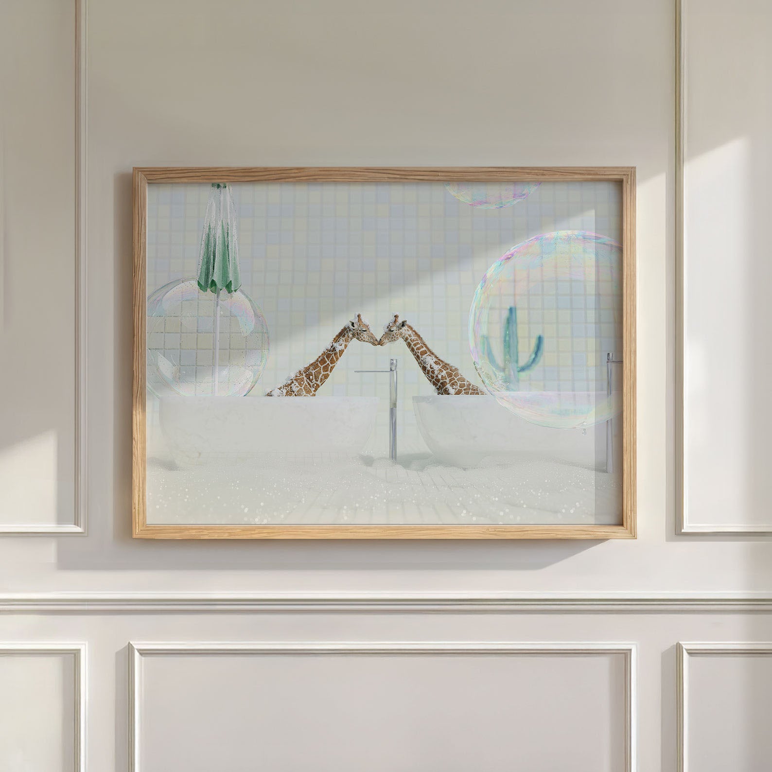 Kissing Giraffes In Bathtub, Horizontal, Wall Art