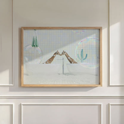Kissing Giraffes In Bathtub, Horizontal, Wall Art