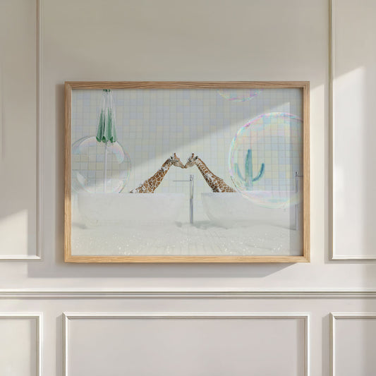 Kissing Giraffes In Bathtub, Horizontal, Wall Art