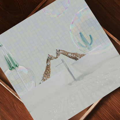 Kissing Giraffes In Bathtub, Square, Art Print