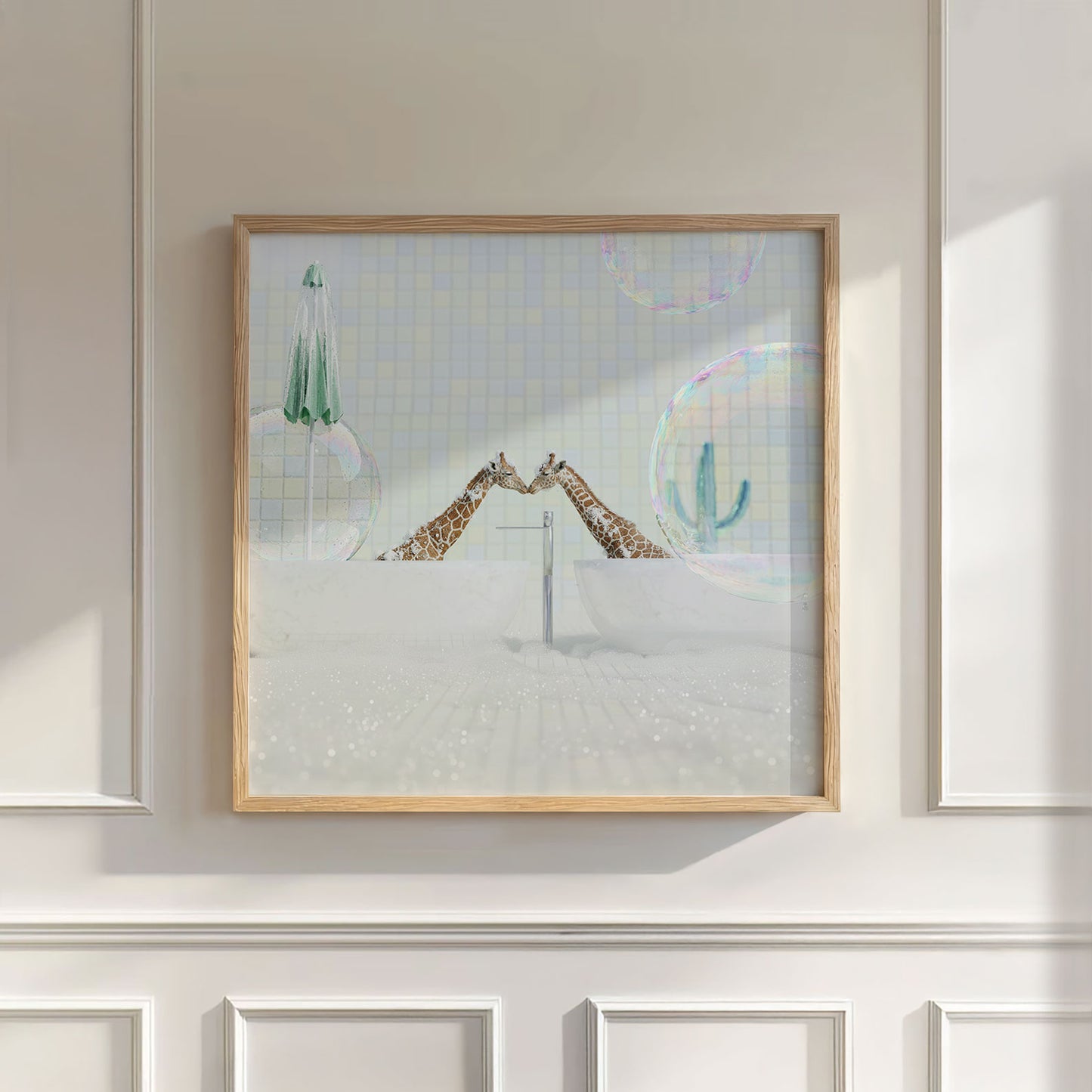 Kissing Giraffes In Bathtub, Square, Wall Art