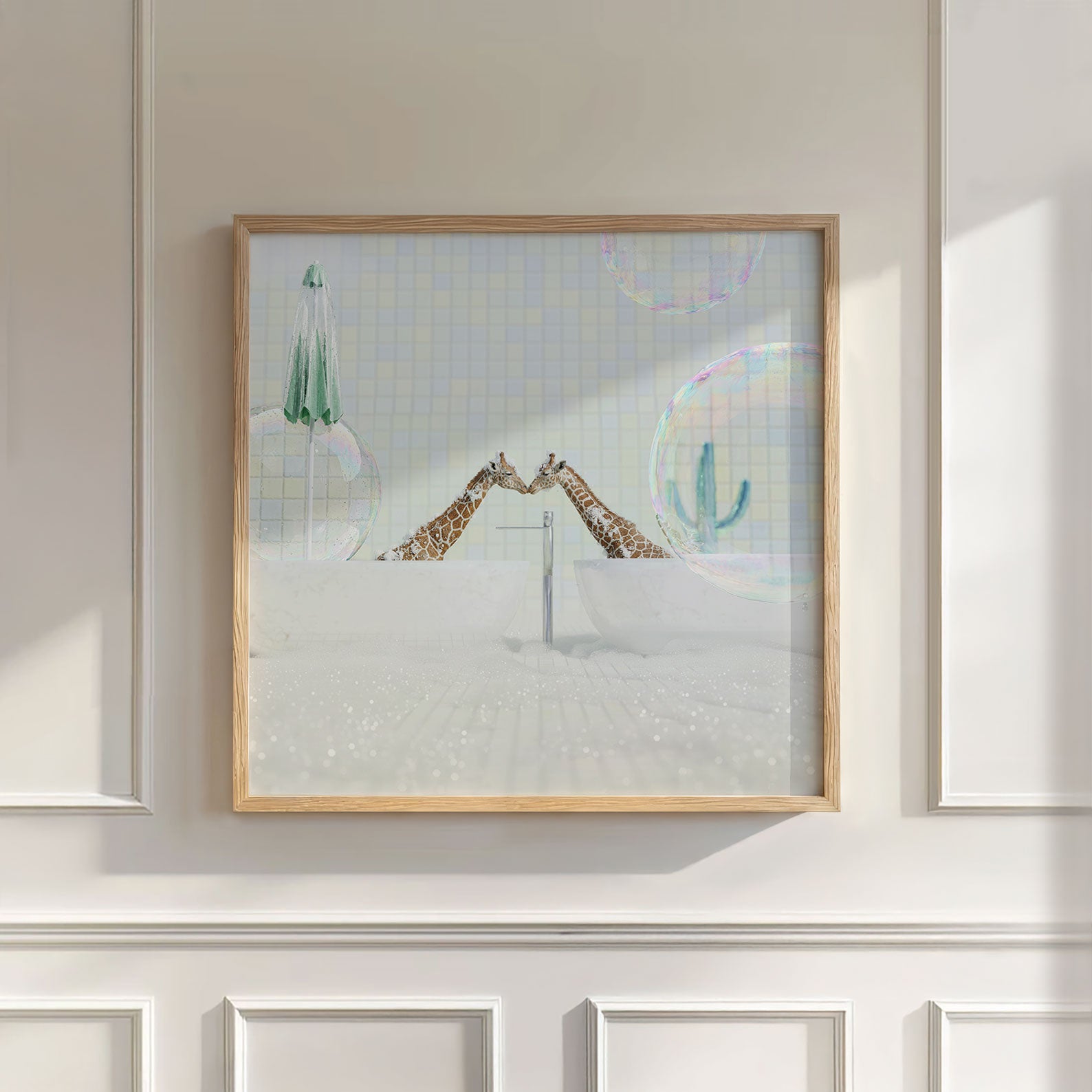 Kissing Giraffes In Bathtub, Square, Wall Art