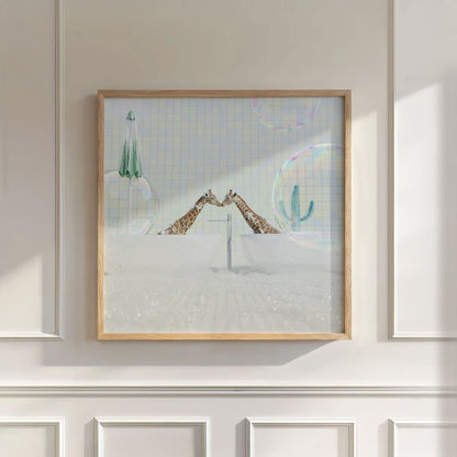 Kissing Giraffes In Bathtub, Square, Wall Art