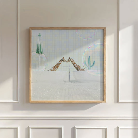 Kissing Giraffes In Bathtub, Square, Wall Art