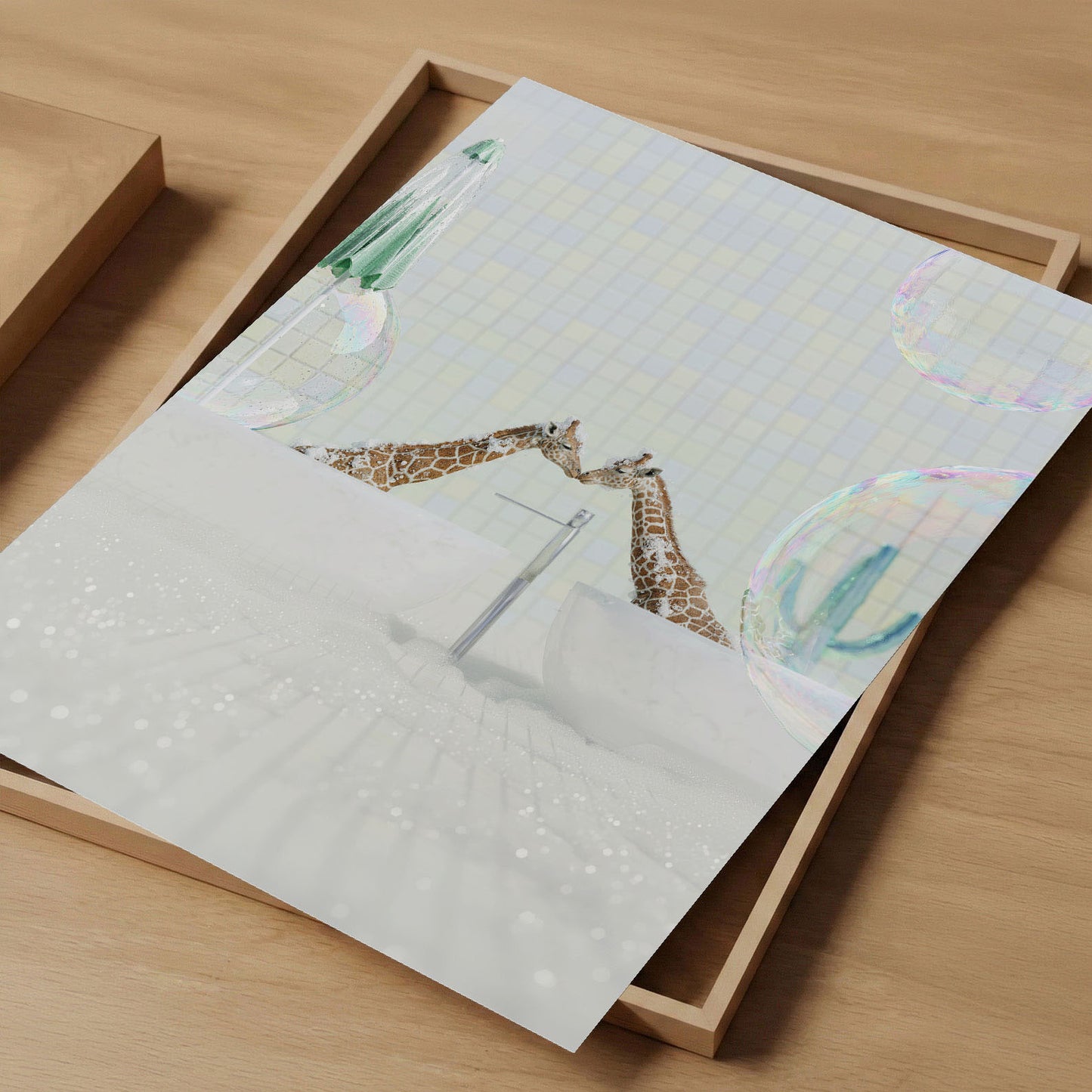 Kissing Giraffes In Bathtub, Vertical, Art Print