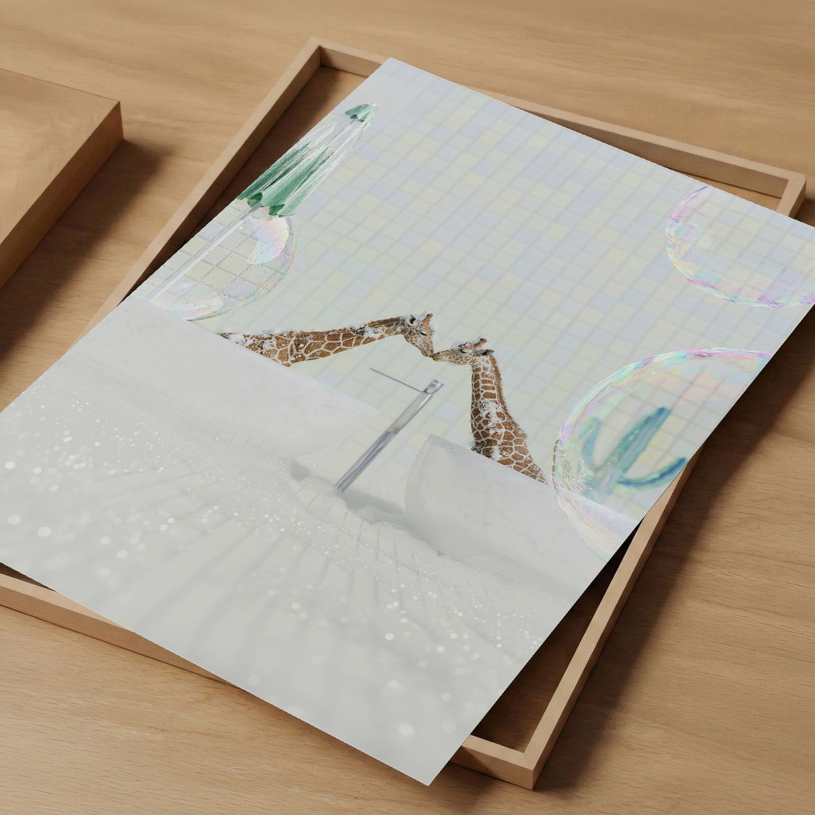 Kissing Giraffes In Bathtub, Vertical, Art Print