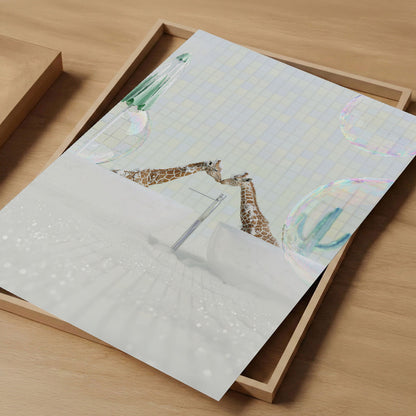 Kissing Giraffes In Bathtub, Vertical, Art Print
