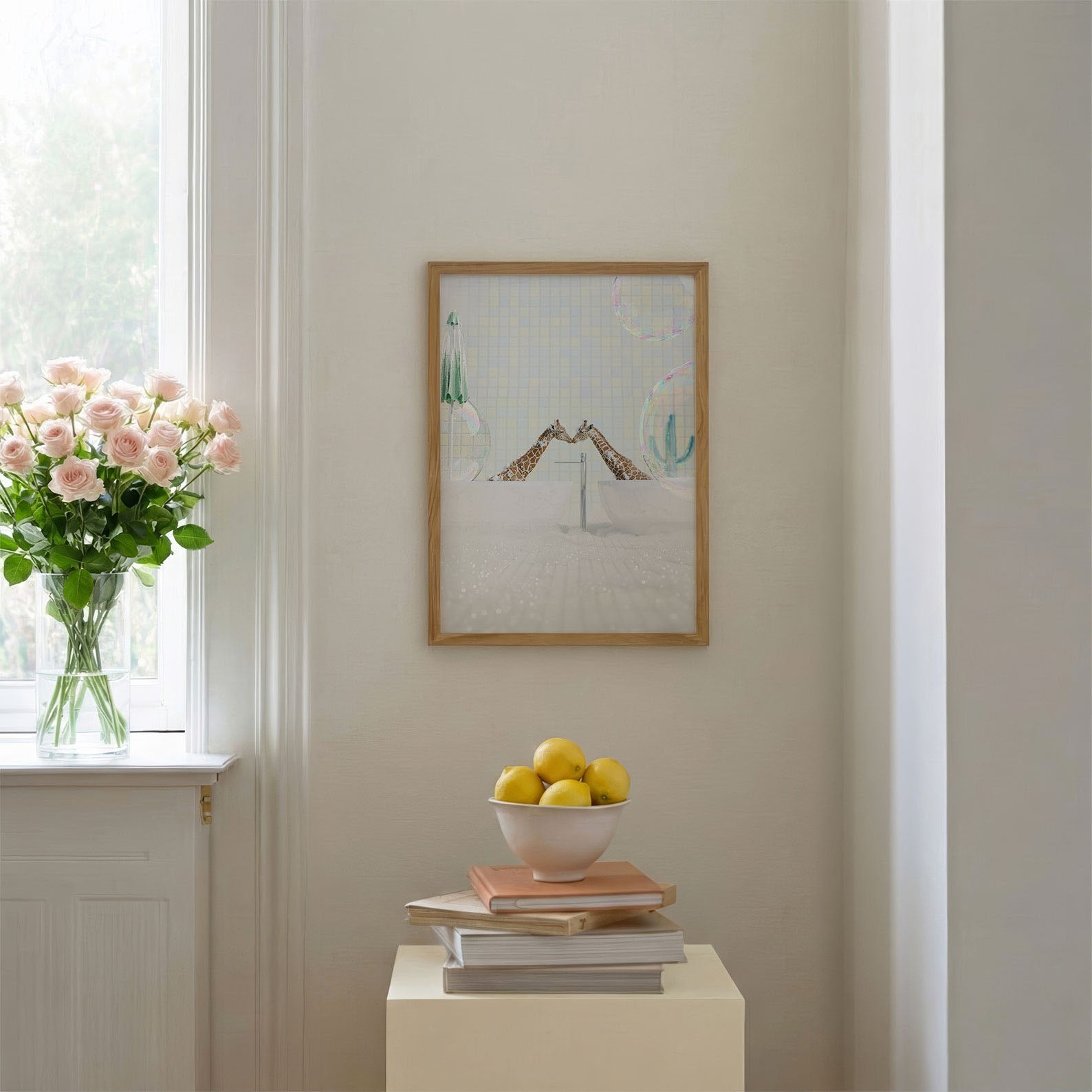 Kissing Giraffes In Bathtub, Vertical, Framed Art