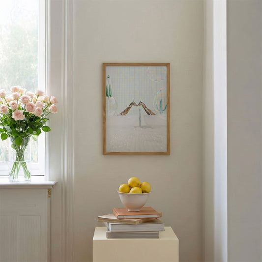 Kissing Giraffes In Bathtub, Vertical, Framed Art