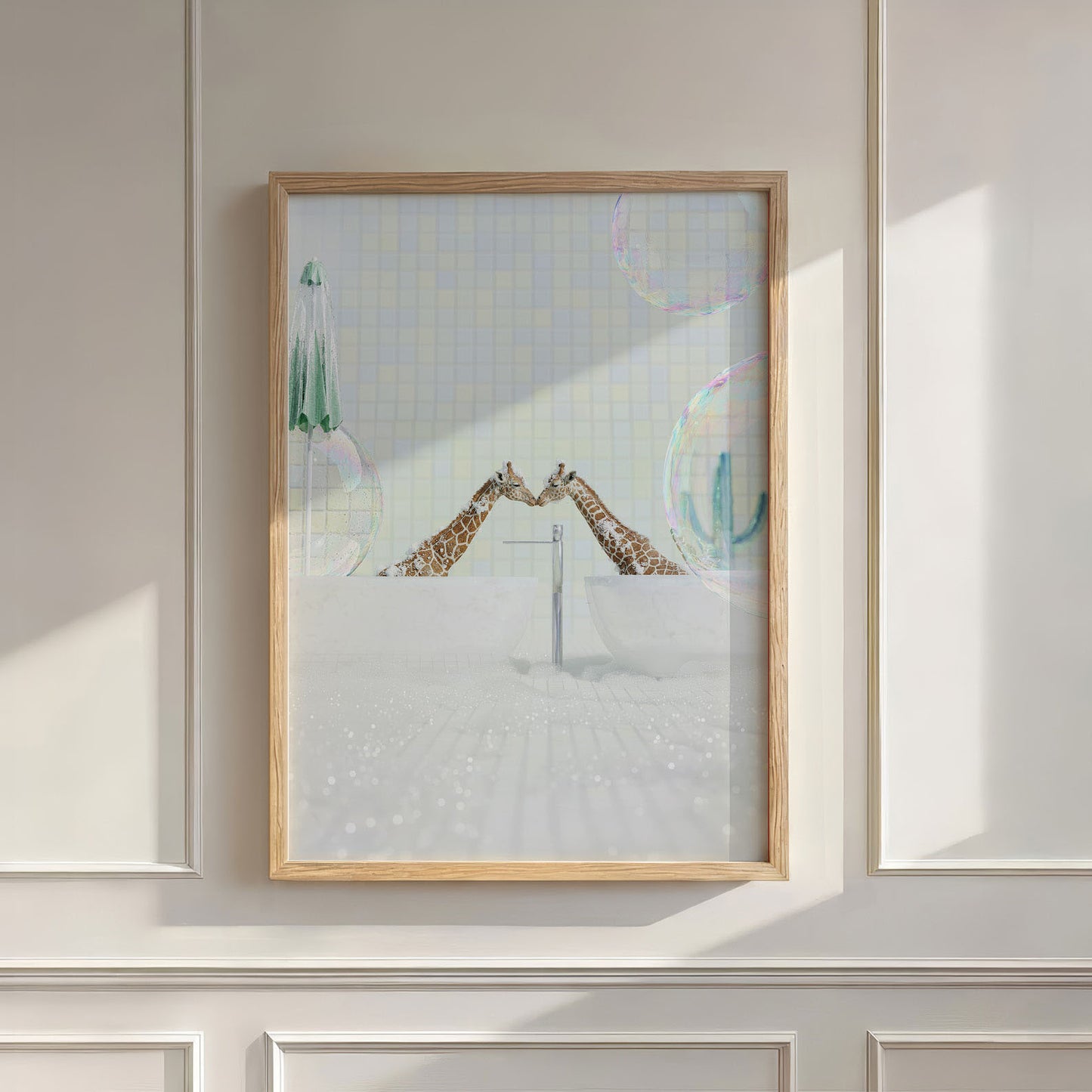 Kissing Giraffes In Bathtub, Vertical, Wall Art