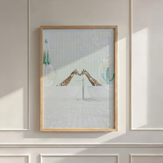 Kissing Giraffes In Bathtub, Vertical, Wall Art