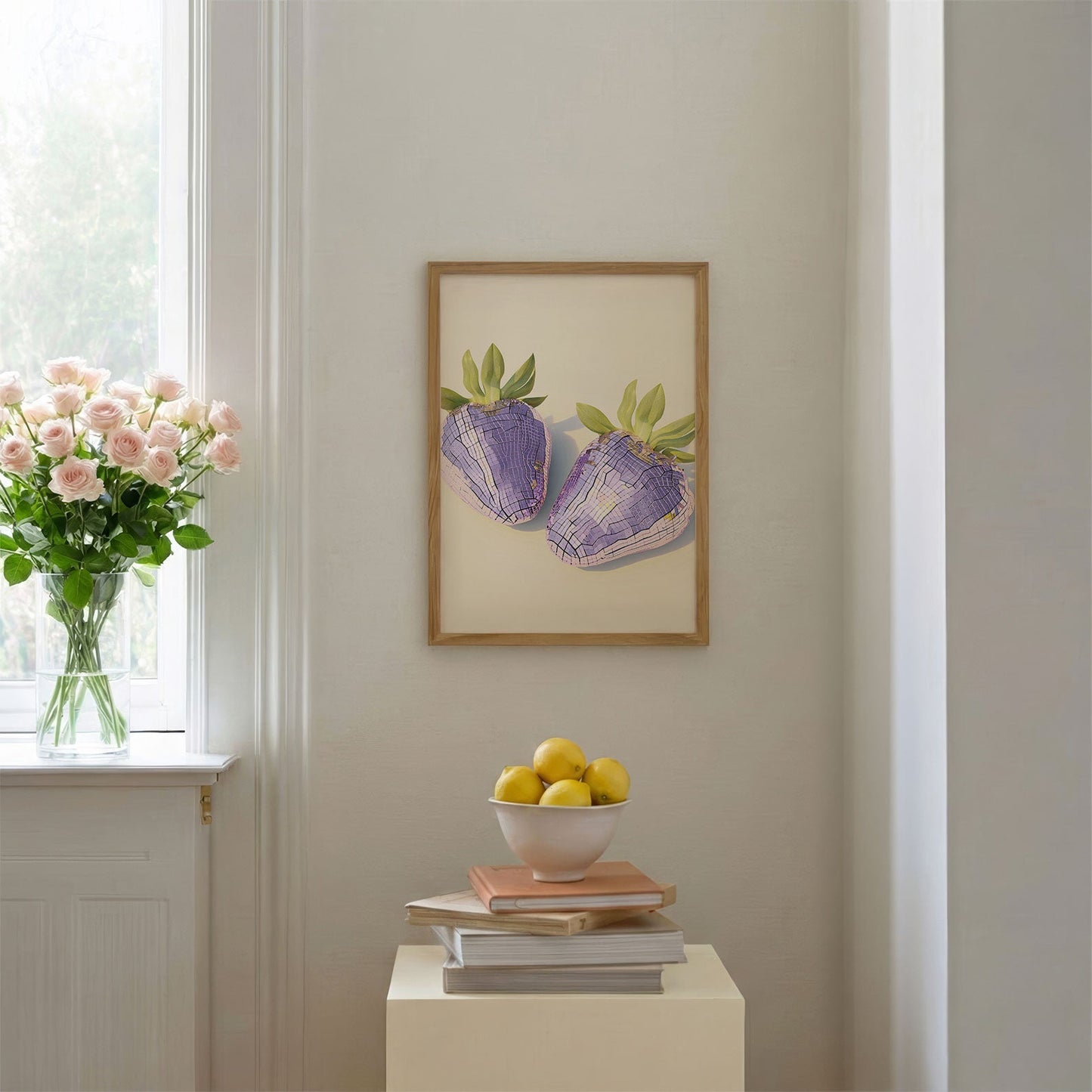 Pink Disco Strawberries, Vertical, Framed Art