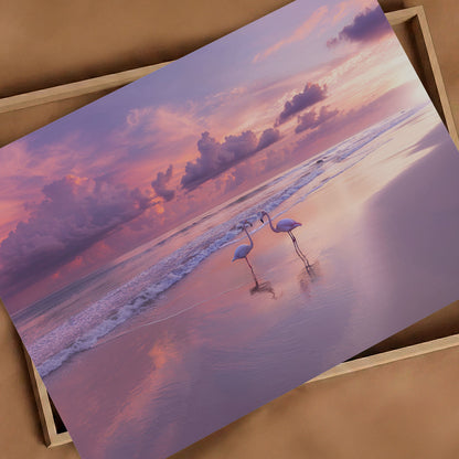 Pink Sunset Flamingo Beach, Horizontal, Art Print