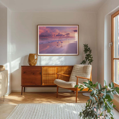 Pink Sunset Flamingo Beach, Horizontal, Framed Art